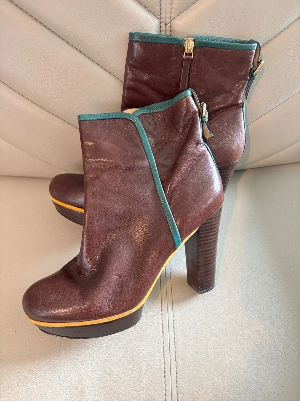 Nine West Size 11 “Nwanka” Women’s Burgundy Leather Ankle Boots,Teal Trim Buckle